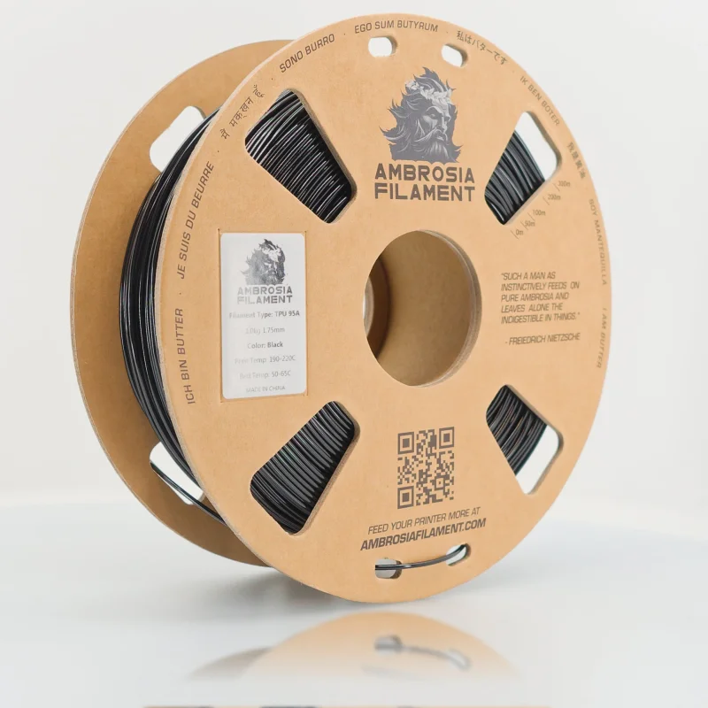 AMBROSIA TPU 95 Filament of the Gods – 1KG Cardboard Spools Premium 3D Printing Filament TPU95 Black
