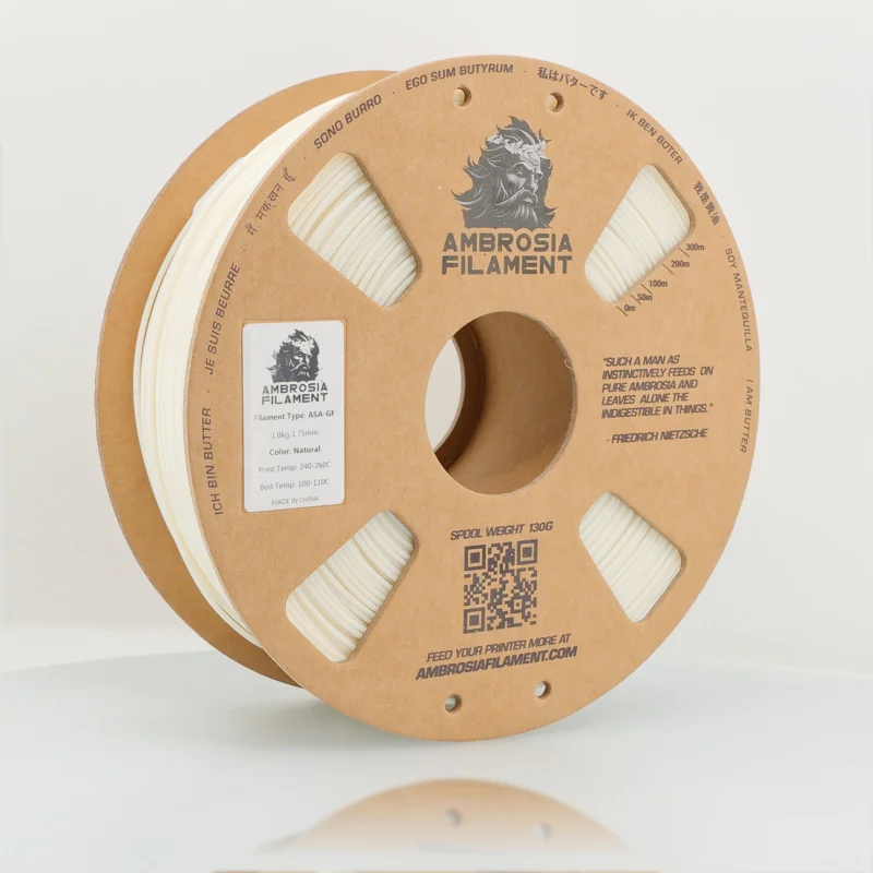 AMBROSIA ASA-GF Glass Filled ASA Filament of the Gods – 1KG Bambu AMS Friendly Cardboard Spools Premium 3D Printing Filament Black