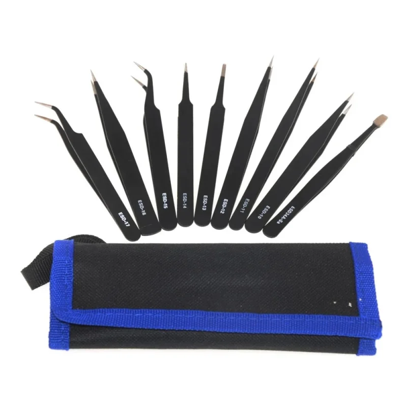 ESD Stainless Steel Tweezers Set 9 Precision Anti-Static Tools